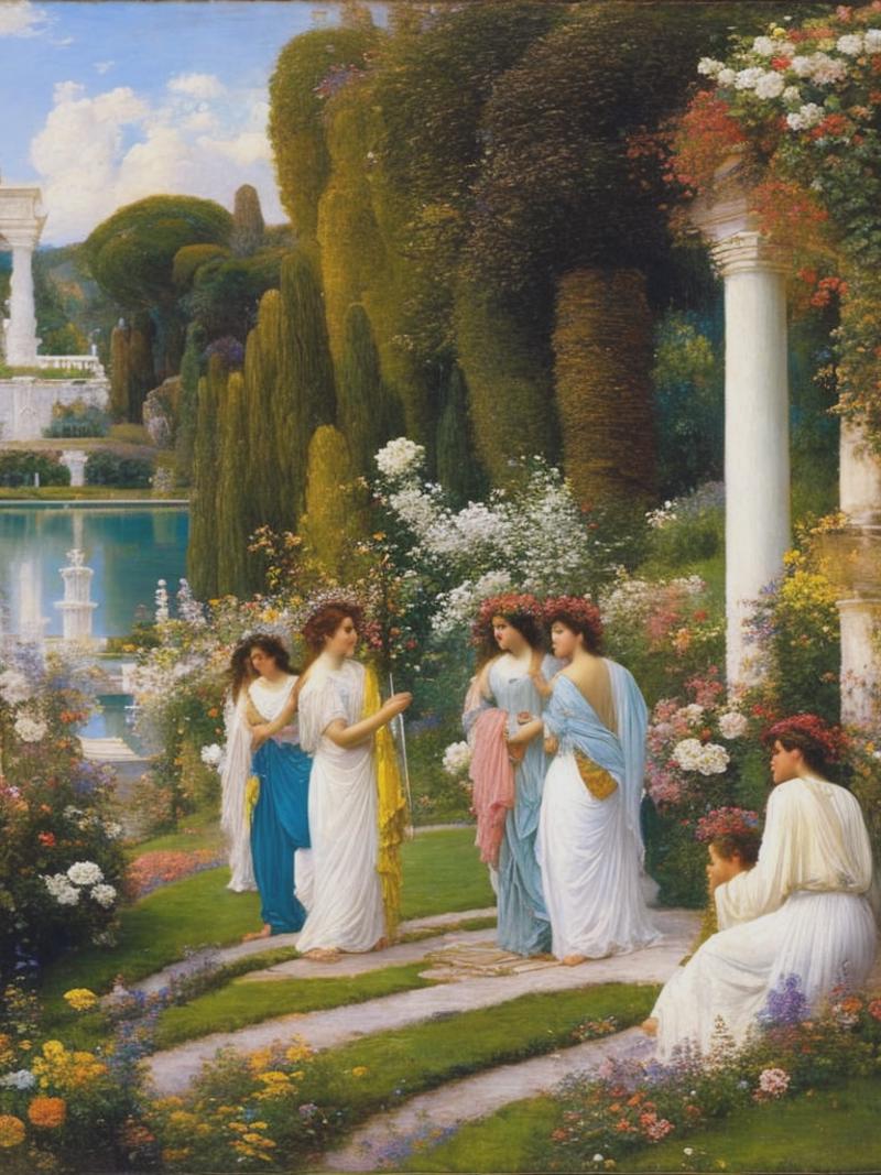 03178-4189329484-victorian painting, sir lawrence alma-tadema style, group of people in a white temple near a lake on a garden full of flowers an.png